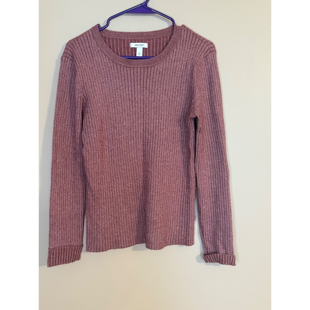 Nine West Womens Ribbed Metallic Knit Sweater Mauve Pink Long Sleeve Crew Neck L